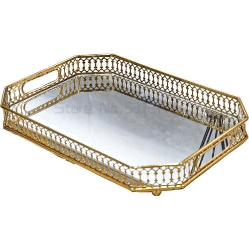Vintage European Mirror Glass Metal Storage Tray Gold Rectangle/round Fruit Plate Desktop Small Items Jewelry Display Tray Plate