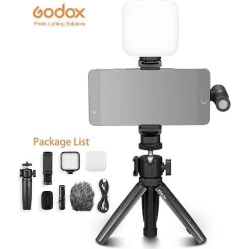 Godox VK2-UC VK2-AX Phone Microphone + LED Light +Handheld Desktop Tripod Vlog Kit for Mobile Devices tiktok live streaming