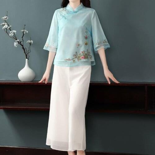 Hanfu Women Chinese Traditional Plus Size Tang Suits Flower Embroidery Chiffon Blouse Tops Pants Fairy Western Style Clothes