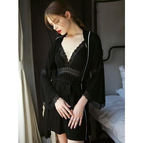 Women Full Sleeve Knee-Length Modal Sexy Lace Bath Bridesmaid Robes Femme Sexy Sleepwear Soft Women Pluse Size Silk Robes