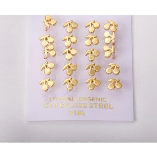 10 Pairs Lovely Cherry Stainless Small Ear Studs Gold Cute Ear Stud Wholesale Jewelry Screw Type for Women Gift Earring
