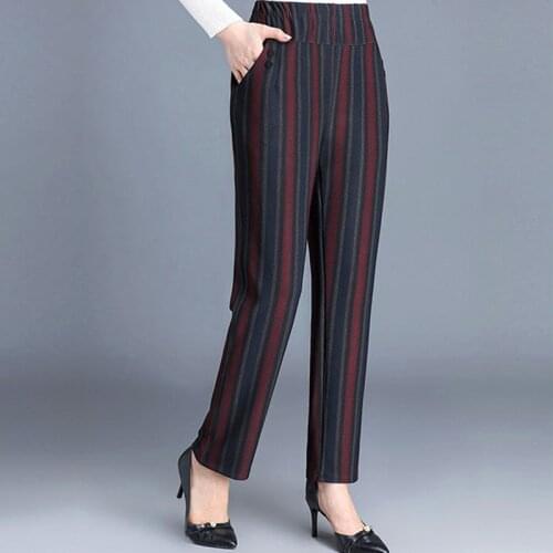 2020 Spring Autumn Women Pants Stripe High Waist Elastic Straight Pants Loose Formal Elegant Office Lady Trousers Plus Size 6XL