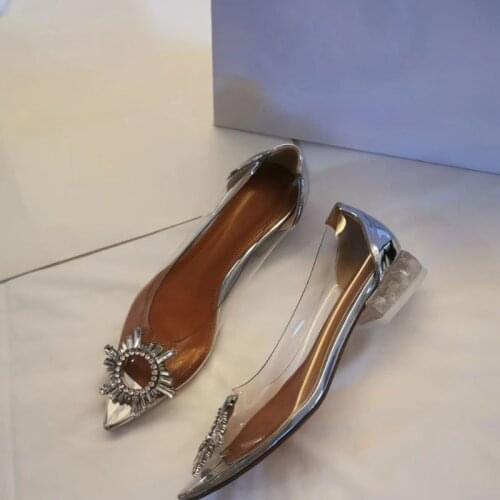 2021 Womens Summer High Heels Transparent Color Rhinestone Wine Glass Heel Crystal Pointed Womens Shoes