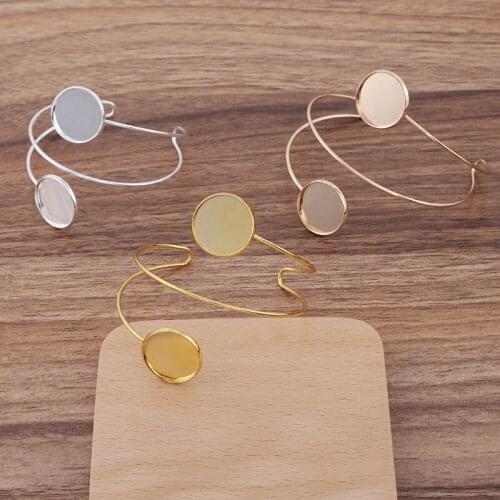5pcs Open Bangle Settings Blank with Double 20mm Round Smooth Bezel Cabochons Bases Wire Cuff Bracelet Bangle Findings