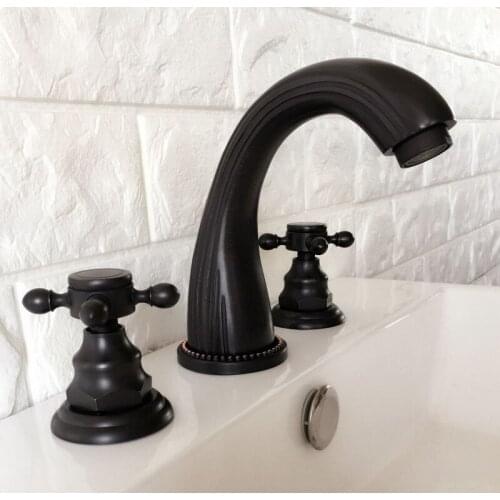 Black Oil Rubbed Brass Two Cross Handle Deck-Mount 3 Hole Widespread Bathroom Lavatory Vessel Basin Faucet Sink Mixer Tap dhg061