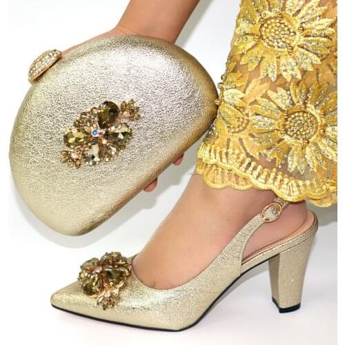 Fashionable gold women pumps match handbag set with crystal african shoes for dress CR893,heel 9.3CM