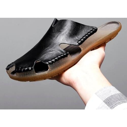 2021 New Mens Slippers Male Casual Flip Flops Genuine Leather Non-slip Beach Sandals Handmade Outdoor Slippers