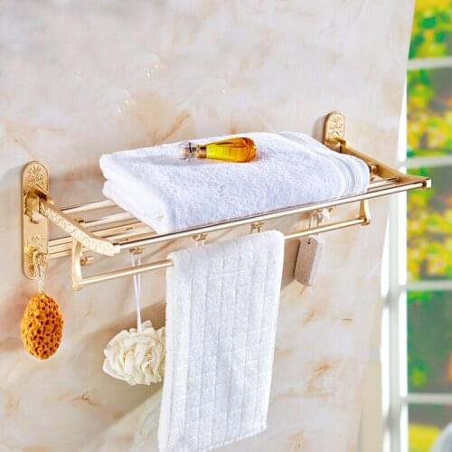 Aluminum Gold Carved Bath Hardware Accessory Set Foldable Towel Rack/Ring Paper/Toilet Brushed Holder/Box Corner Shelf Hooks