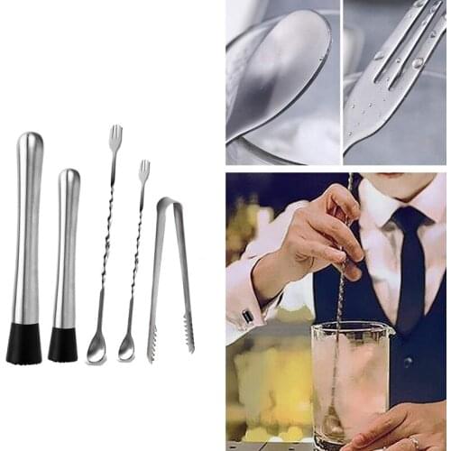 Cocktail Muddler,5 Pcs Stainless Steel Cocktail Accessory Set Mixing Spoon & Ice Tongs for Family Bar Tool Essentials