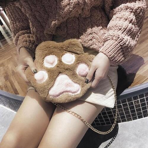 New Style Women Fashion Fur Small Shoulder Bag Girls Super Cute Bears-paw Shape Zipper Cross-body Bag 2019