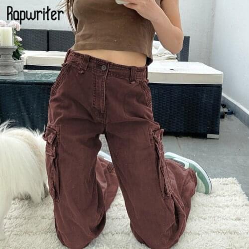 Rapwriter Casual Brown Jeans Stylish Denim Pants y2k Pocket Cargo Pants Autumn Women High Waist Trousers 2000s Retro Streetwear