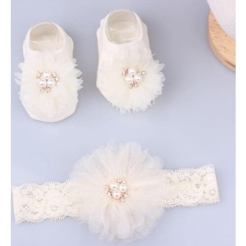 1 Set Lovely Baby Headband Socks Lace Pearl Flower Newborn Hairband Bows Elastic Hair Bands For Baby Girl Hair Accessories