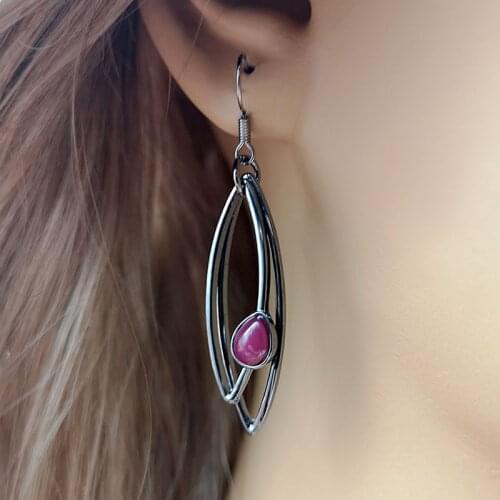 Simple Double Layer Geometric Hollow Hoop Leaf Dangle Earrings Fashion Long Drop Red Stone Teardrop Thin Hoop Pendant Earrings