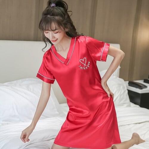 Plus Size S M L XL XXL Female Nightie Sexy Women Satin Sleepwear Silky Nightgown Half Sleeve Embroidery Nightdress Sexy Lingerie