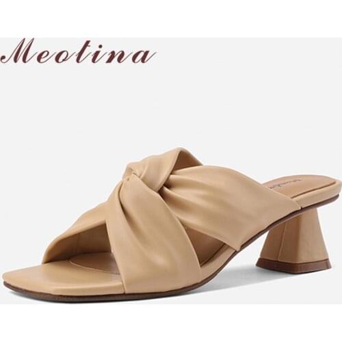 Meotina Slippers Shoes Women Natural Genuine Leather Sandals Med Heel Slides Hoof Heel Square Toe Ladies Footwear Summer Black
