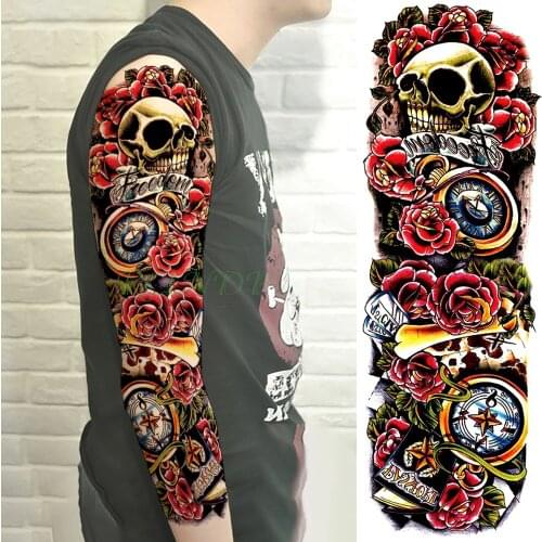 Waterproof Temporary Tattoo Sticker skull bell letter rose flower full arm fake tatto flash tatoo sleeve large for men women