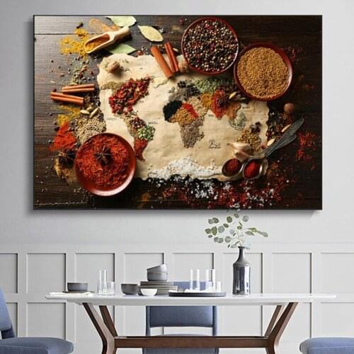 Grains Spices Spoon Map Poster Kitchen Food Wall Art Pictures and Prints Modern Canvas Painting Restaurant Room Home Decoration