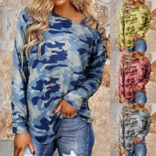 2021 Autumn Fashion Simple Cotton Loose Lady T-Shirt Cross Shoulder Strap Off Shoulder Camouflage Print Blouse for Dating