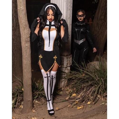 Women Nun Dress Halloween Party Wear Medieval Cosplay Costumes Sexy Mini Jumpsuit Female Sister Nun Role Play Performance