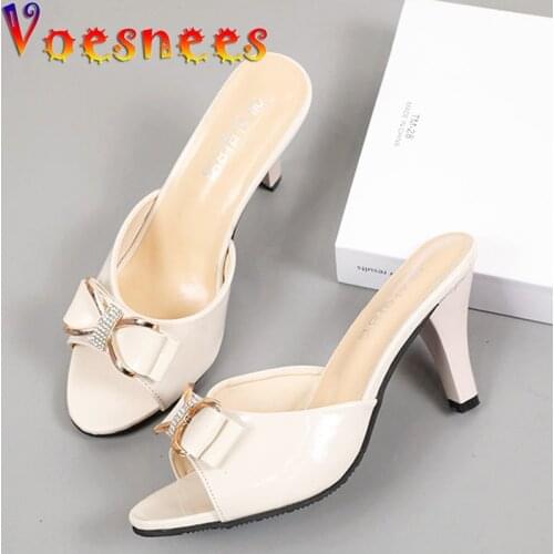 Korean Style Women Shoes Metal Butterfly-Knot Shallow Mouth Slippers Thin High Heel One Word Sandals Solid color outdoor Slides