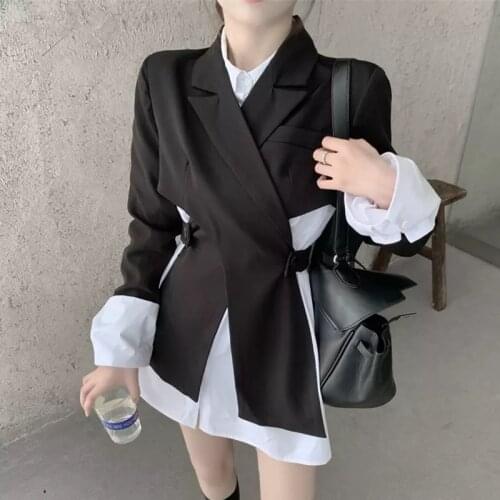 Women Black Cross Split Joint Blazer New Lapel Long Sleeve Loose Fit Jacket Fashion Tide Spring Autumn 2021