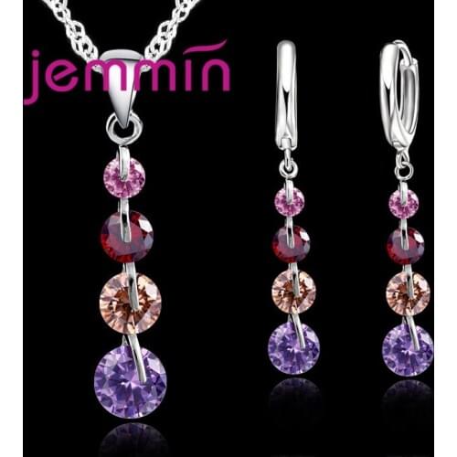 Lovely Long Stylish Pendant Necklace Drop Earrings Jewelry Gift Set for Women Fine 925 Sterling Silver Zircon Wedding Accessory