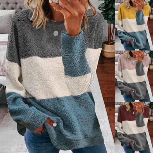 Women Wool coat Sweatshirts for Streetwear Color Matching Design O-Neck Long Sleeve Casual Top Ladies Autumn Winter Pullovers