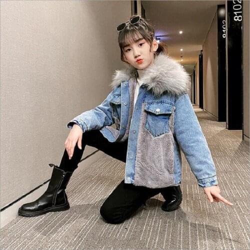 Winter 4-15Years Girls Denim Jacket Plus Patchwork Fur Thicken Warm Toddler Children Outerwear Plush Coat For Kids Infant Parka