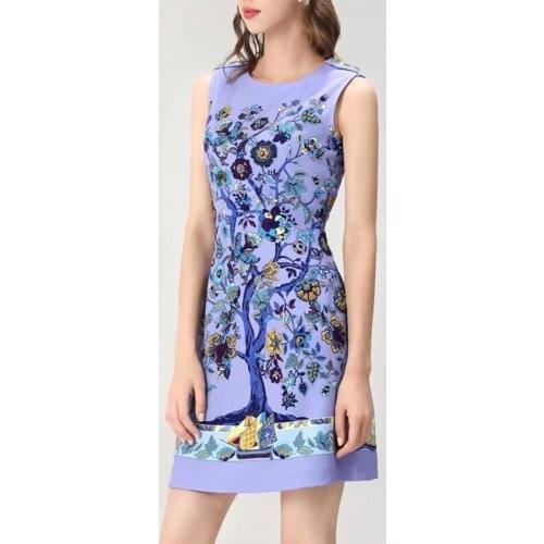 2021 Summer Fashion Runway Mini Dress Women Sleeveless Button Beading Flower Printed Sexy Short Dress