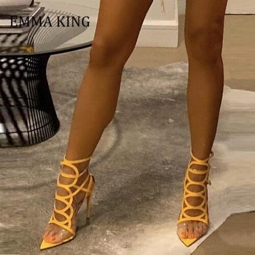 2021 Summer Women Gladiator Sandals Pumps Patent Leather With PVC Straps Pointed-toe Cage Sandals Luxury Design Shoes Women