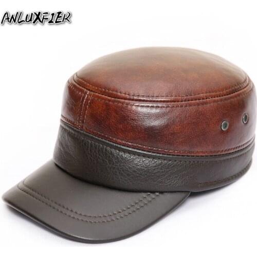 B-7252B Adult Genuine Leather Hat Female Baseball Caps Male Casual Cowhide Hat Earmuffs Warm Adjustable Hats 3 Colors