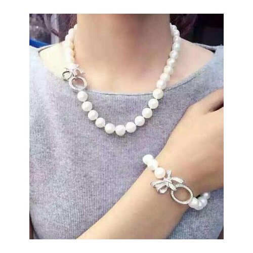 Noble jewelry 9-10mm Freshwater white pearl necklace braceler set 925 silver