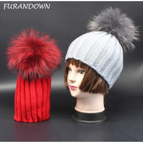 FURANDOWN Winter Kids Beanie Knitted Hat For Children Baby Dyed Color Natural Fur Pompom Caps Girls Boys Baby Hats