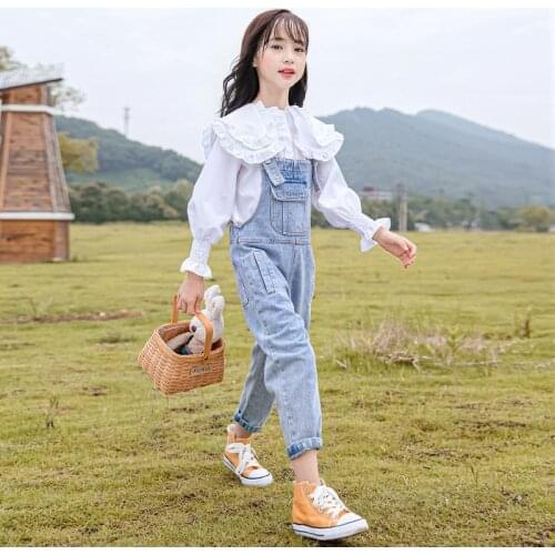 Autumn Kids Baby Girls Long Sleeve Shirts and Long Denim Pants Suit Two-pieces Set Girls Fashion Solid Color Jeans Outfit J84