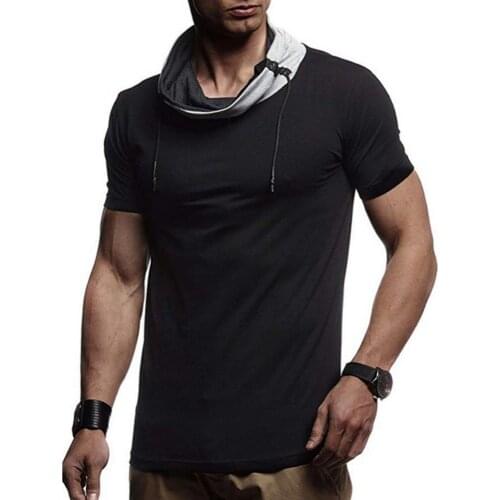 2021 Summer Men T-Shirt Casual Sporty Short Sleeve Color Block Turtle Neck T-shirt Drawstring Slim Blouse Sweatshirt Tee