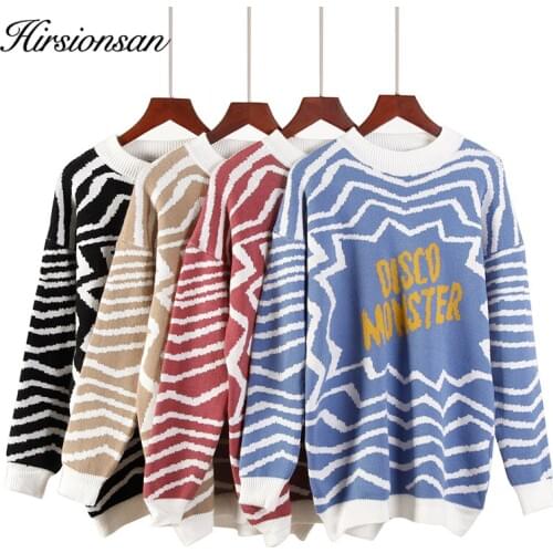 Hirsionsan Autumn Winter Knitted Sweater Women O-neck Loose Pullovers Female Contrast Colors Knitted Jumpers Oversized Sweater