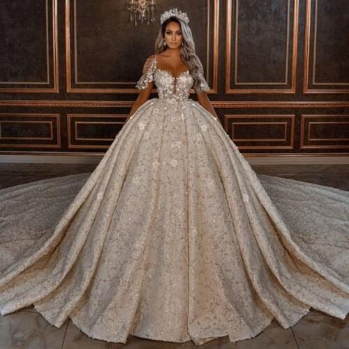 Exquisite Sequins Beaded Wedding Dress Shiny 3D Flower Wedding Gowns Luxury Crystal Sequined Dubai Bridal Gowns With Big Train