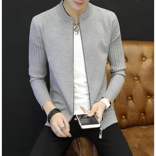 Cardigan Men Korean Fashion Sweater Coat Slim Fit Streetwear Solid Color Zip Up Grey Cardigan Men Casual Knitted Sweater Coat