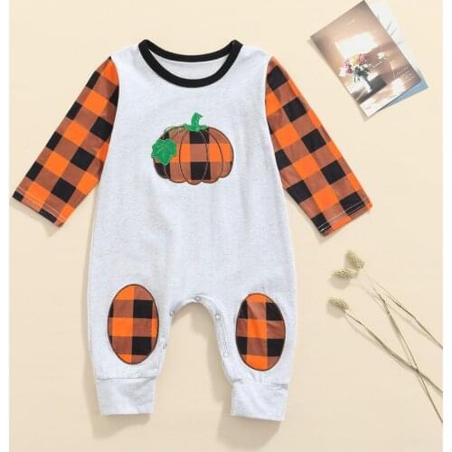 Baby Boy Halloween Pumpkin Printed Romper Long Sleeve O-Neck Plaid Jumpsuit 0-18M Newborn Infant Festival Holiday Outfit Clothes