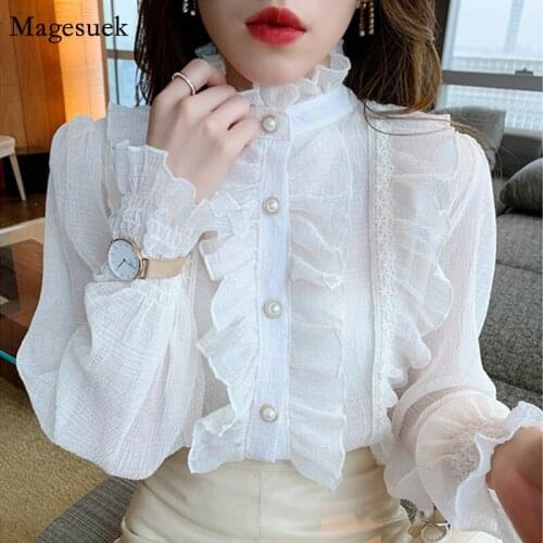 Korean Women Elegant Chic Long Puff Sleeve Lady Blouses Tops Ruffled Lace Chiffon Shirt Stand Collar Shirts Clothes Blusas 13433