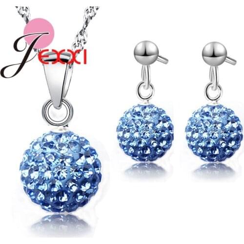 Fashion Trend Pave Disco Ball Genuine 925 Sterling Silver Blue Zirconia Stud Earring Pendant Necklace Crystal Woman Jewelry Sets