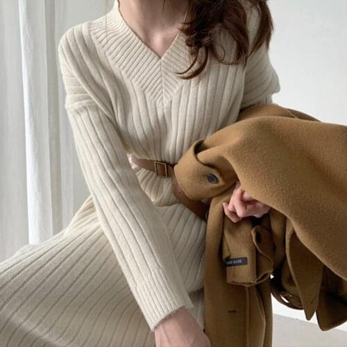 Casual Solid Korean Thick Knitwear White New Woman Warm Autumn Winter Clothes Jumper Dresses Sweater Dress Women Knitted 2021