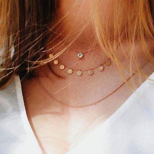Simple Gold Chain Coin Layered Choker Necklace For Women Multi Layer Crystal Chocker Necklaces collar collier femme collares