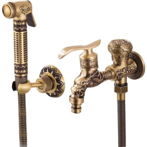 Carved Wall Mount Bibcock Brass Retro Tap Decorative Outdoor Garden Taps Washing Machine Mop Luxury Antique WC Faucet