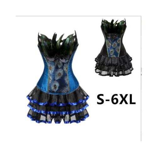 Sexy Women Feather Corsets and Bustiers Gothic Printed Corset Dress Waist Training Plus Size S-6XL Showgirl Costumes Corset