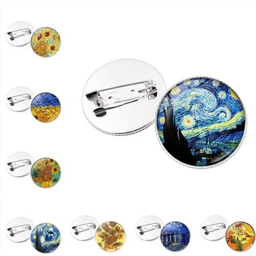 1pcs Vintage Art Van Gogh Brooch Starry Night Handmade Oil Painting Glass Convex Round Brooch Pin Male Lady Christmas Gift