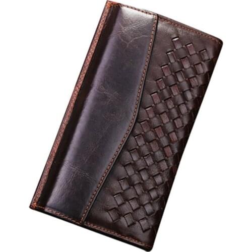 Vintage Men Genuine Leather Wallet Famale Money Clip Men Purse Leather Men Wallet Knitted Long style Clutch Bag Male Money Bags