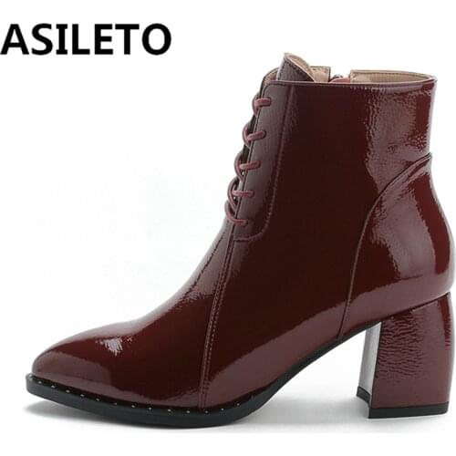 ASILETO Women Genuine Leather Square Heel Ankle Boots Pointed Toe Patent Leather Strap Designer Brand Big Size 42 Black S2312