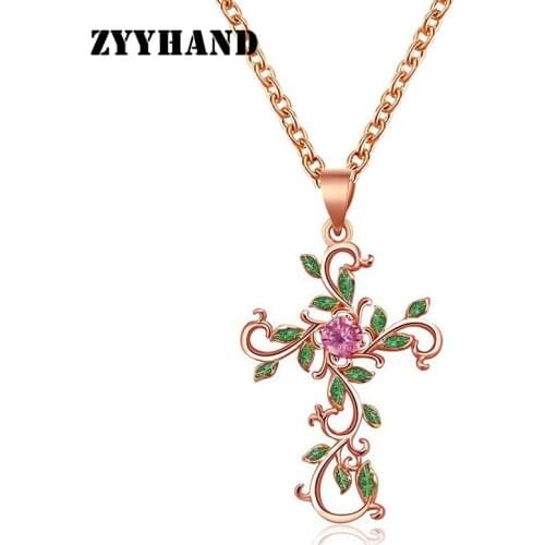 ZYYHAND Women Rose-Gold Cross Pendant Necklace Lady Ribbon AAAA Zircon Cloisonne Drop Oil Cross Chain Cirrus Necklaces