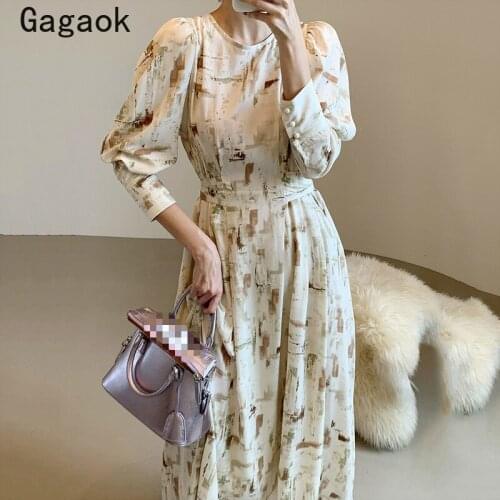 Gagaok Korean Dress Women 2020 Spring Autumn NewO-Neck Lantern Sleeve Button Print Midi Dresses Chic Wild Sweet Vestidos K4115